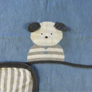 First Impressions Blue Puppy Dog Baby Blanket Gray White Stripes Sweater Knit
